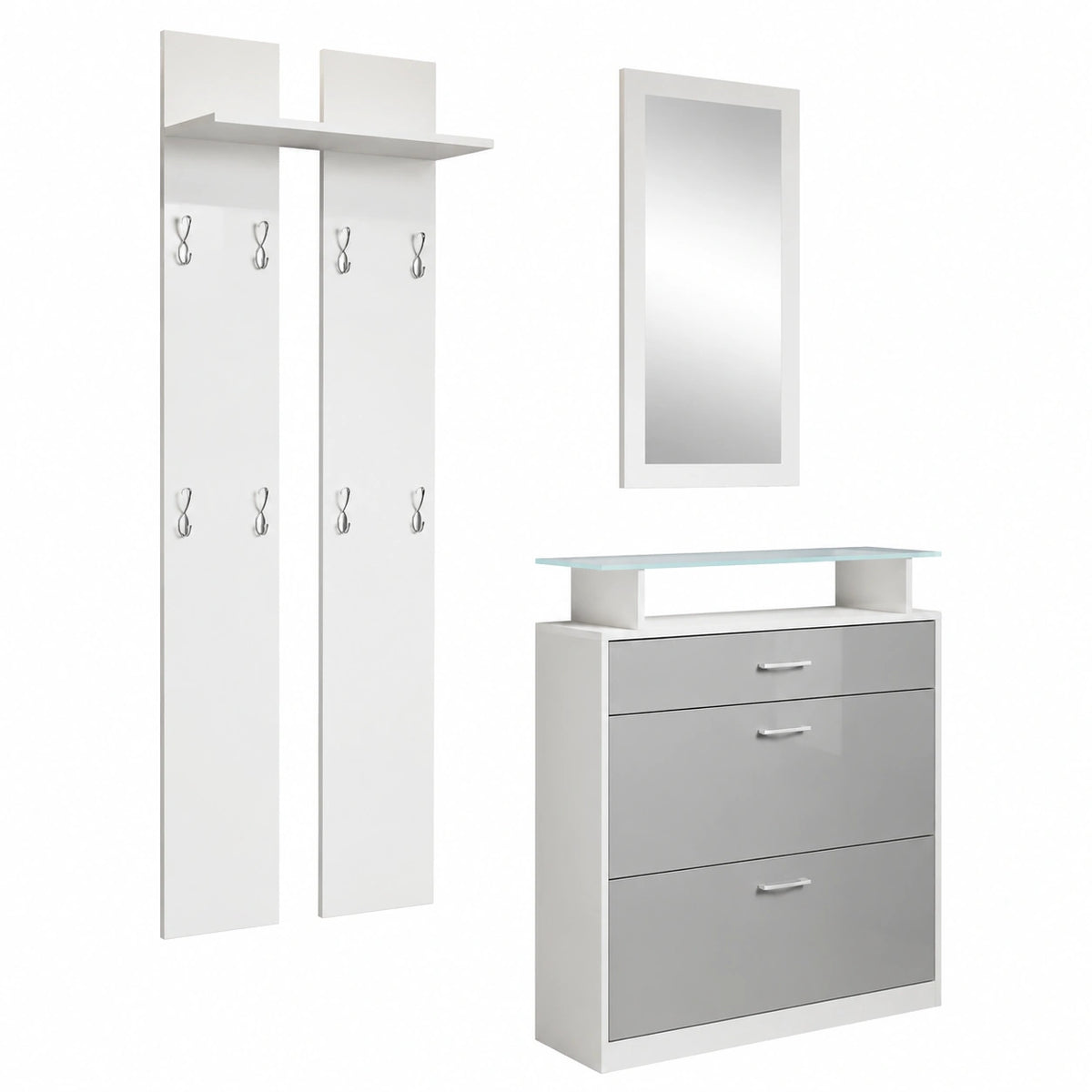 Conjunto de Entrada Paola con Zapatero y Luz LED, Espejo y Perchero Moderno en Melamina Brillante Blanco y Gris