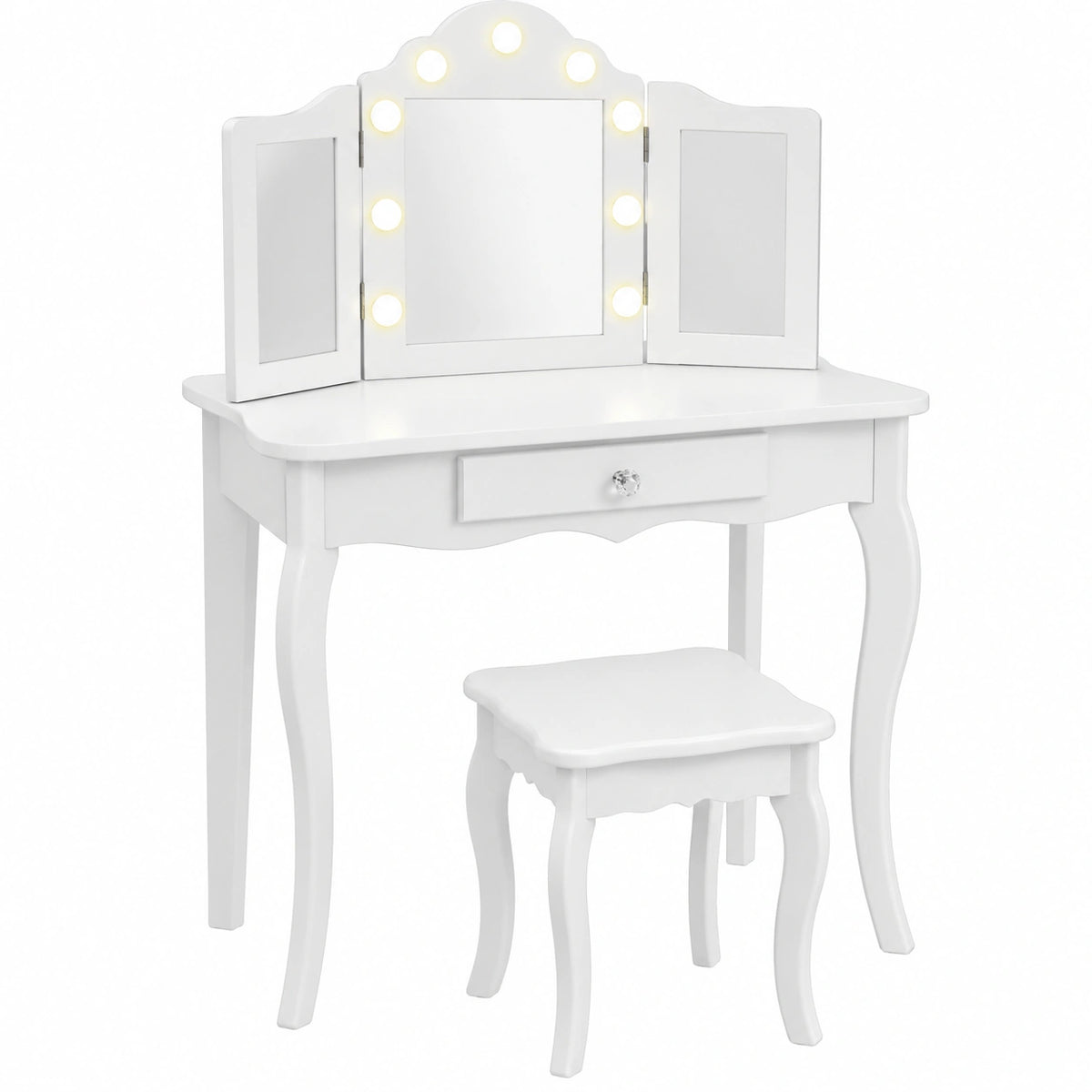Tocador Infantil 2 en 1 con Taburete y Espejo LED, Antivuelco, para Niñas +3 Años