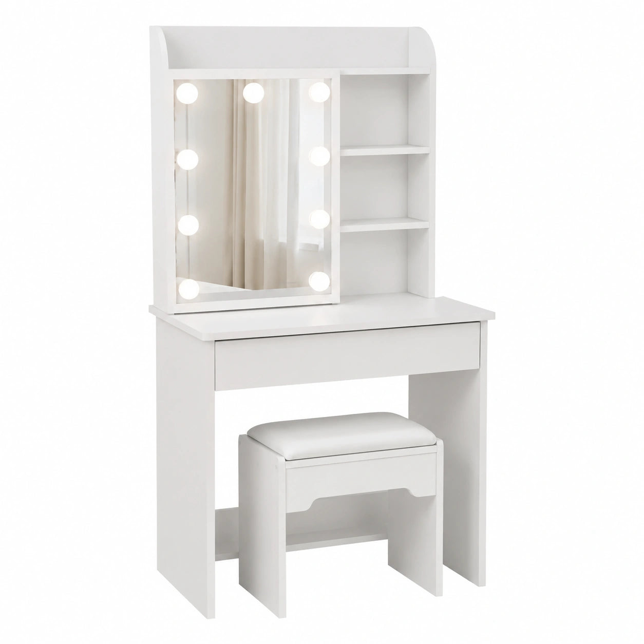 Tocador Hollywood LED blanco con espejo y taburete, 7 estantes y cajón para dormitorio