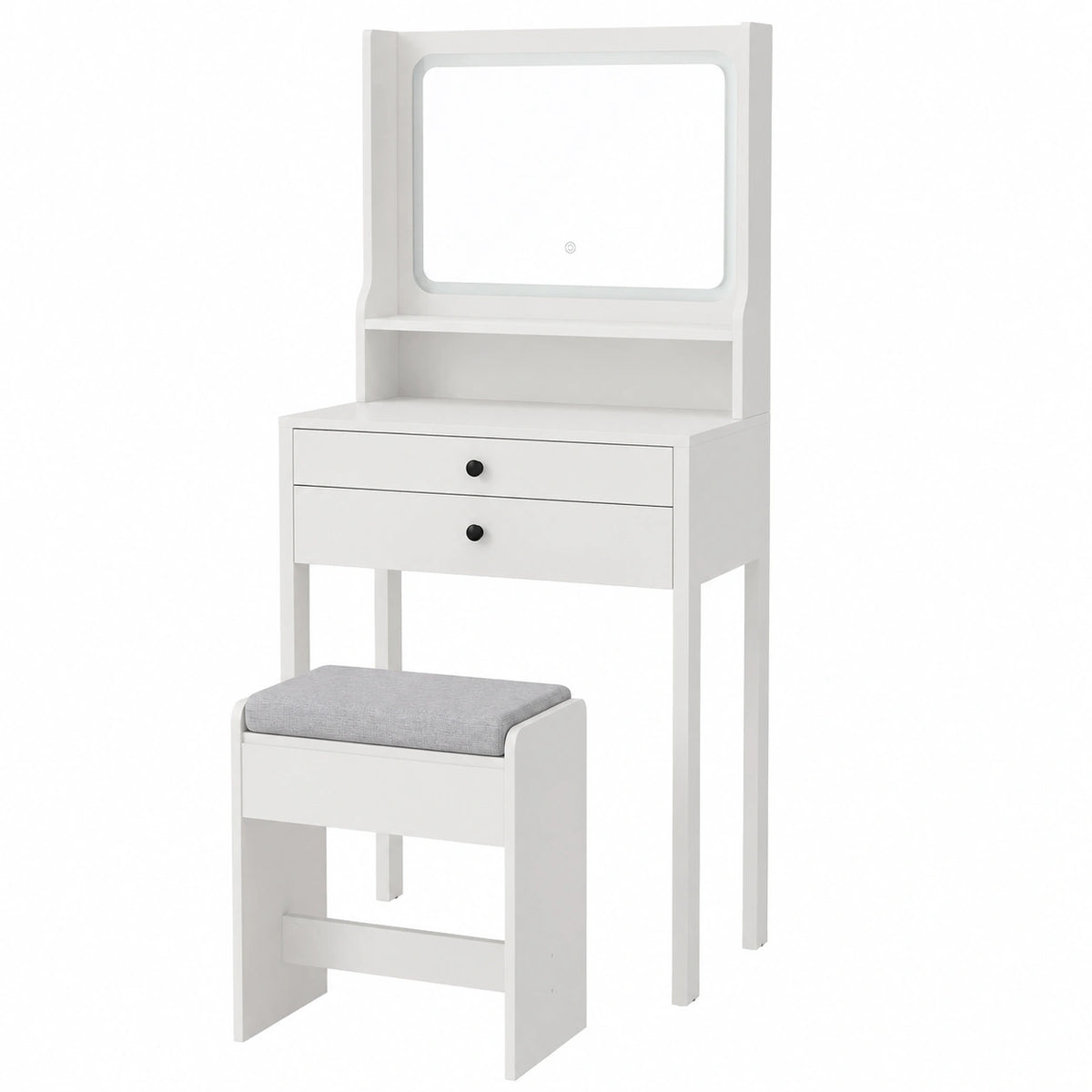 Tocador de Maquillaje COSTWAY con Luz LED y Espejo Ajustable, Incluye Taburete Acolchado y Almacenamiento, Encimera de Vidrio, Blanco
