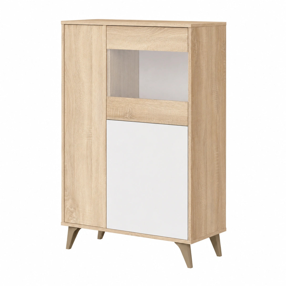 Vitrina Moderna de 3 Puertas para Salón, Blanco y Roble, Modelo Lira