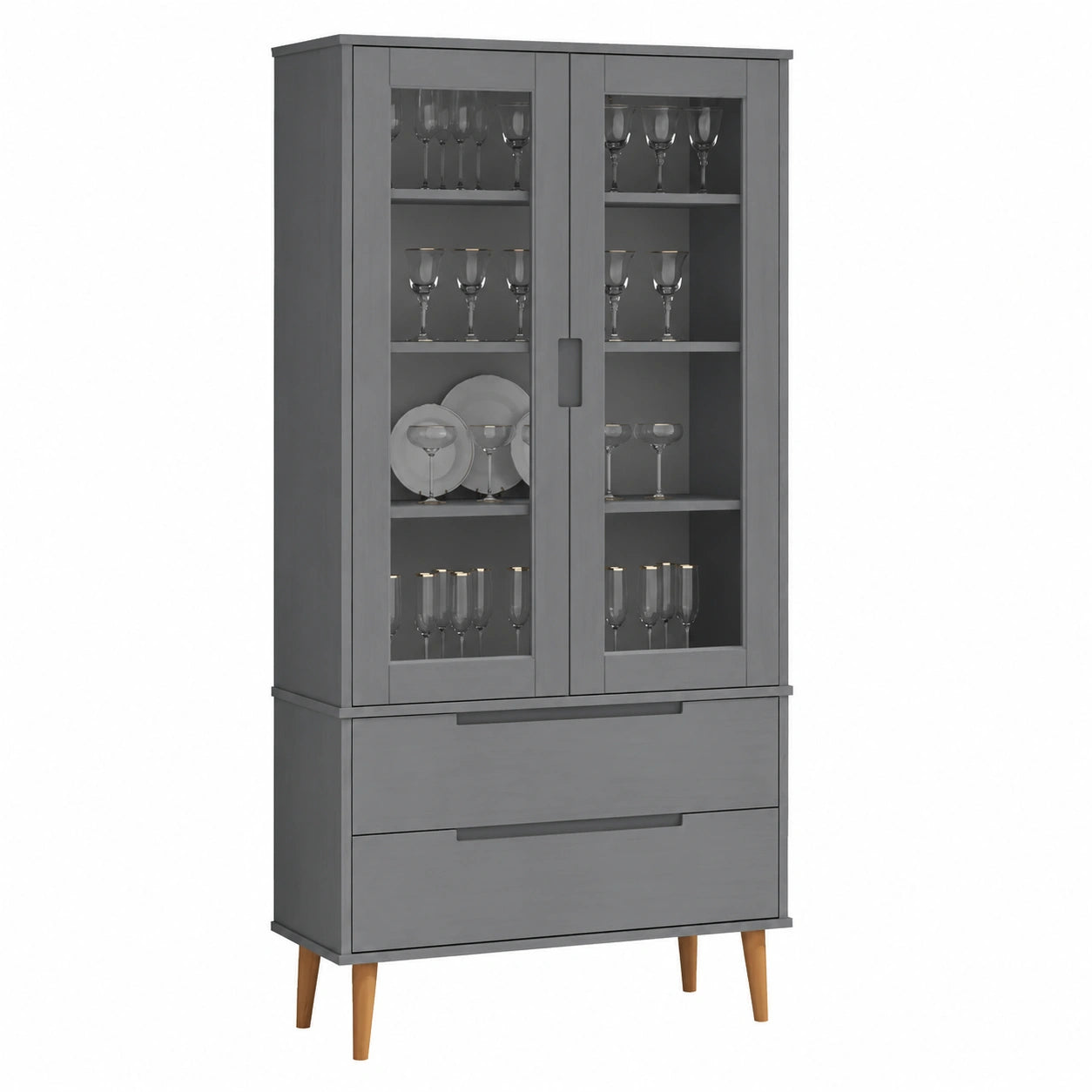 Vitrina de Madera Maciza de Pino Gris 90x35x175 cm, Estantería Moderna