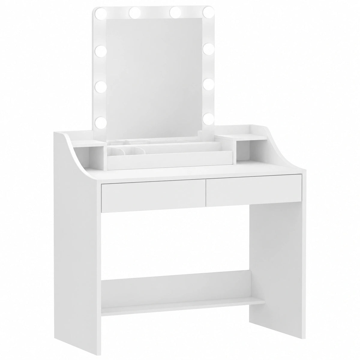 Tocador Moderno 80cm con Espejo LED, Brillo Regulable, Blanco, 2 Cajones y Compartimentos Abiertos