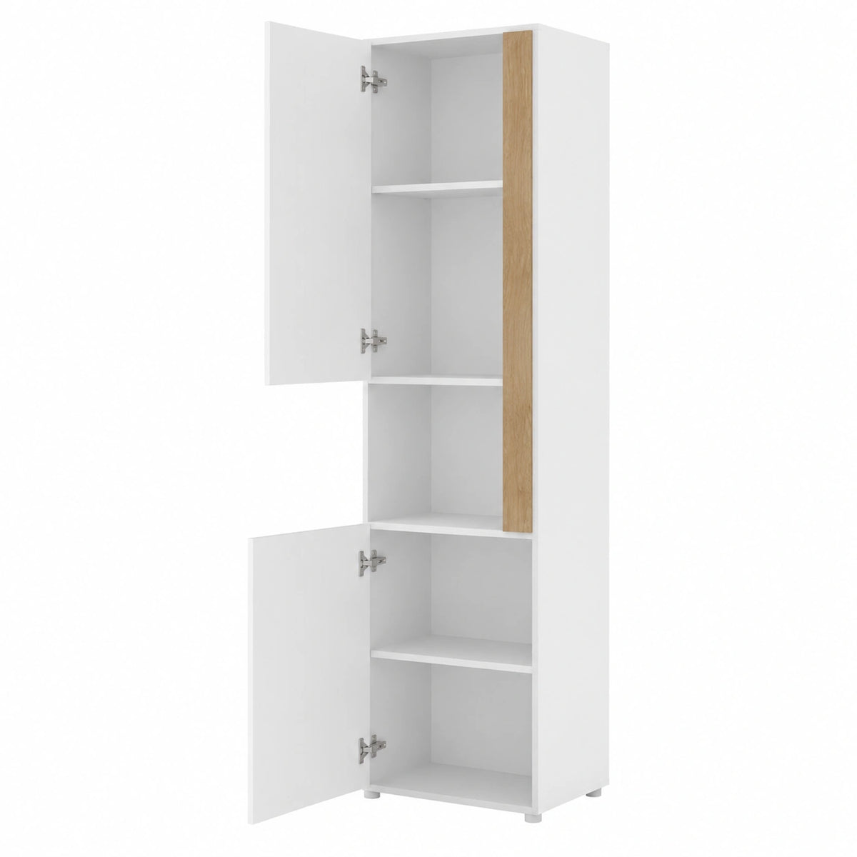 Vitrina alta con LED ajustable y puertas mixtas, blanca y natural, con sistema antivuelco