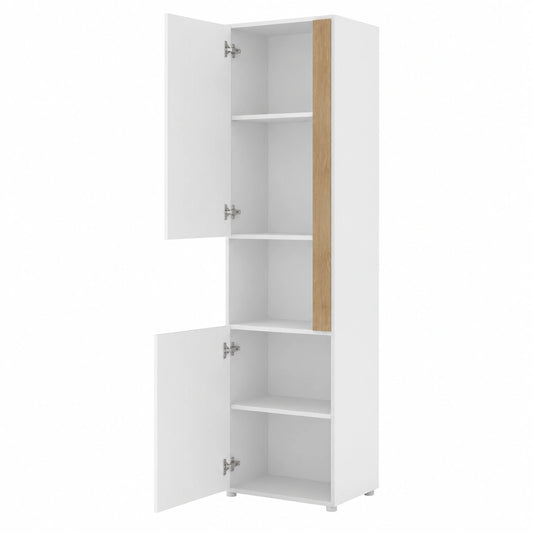 Vitrina alta con LED ajustable y puertas mixtas, blanca y natural, con sistema antivuelco