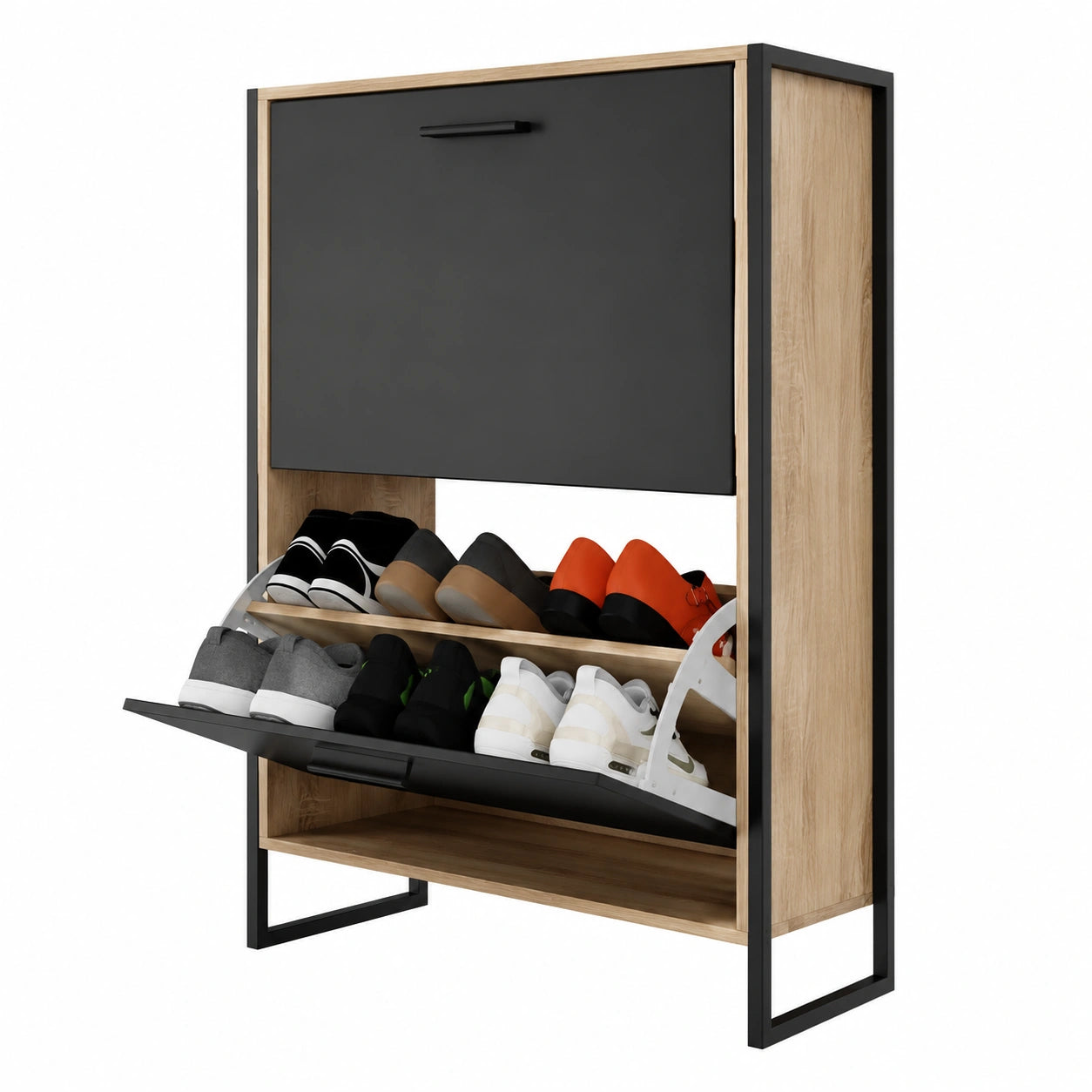 Zapatero Industrial para 12 Pares, Mueble de Almacenamiento Espacioso con Puertas Negras y Marco de Madera