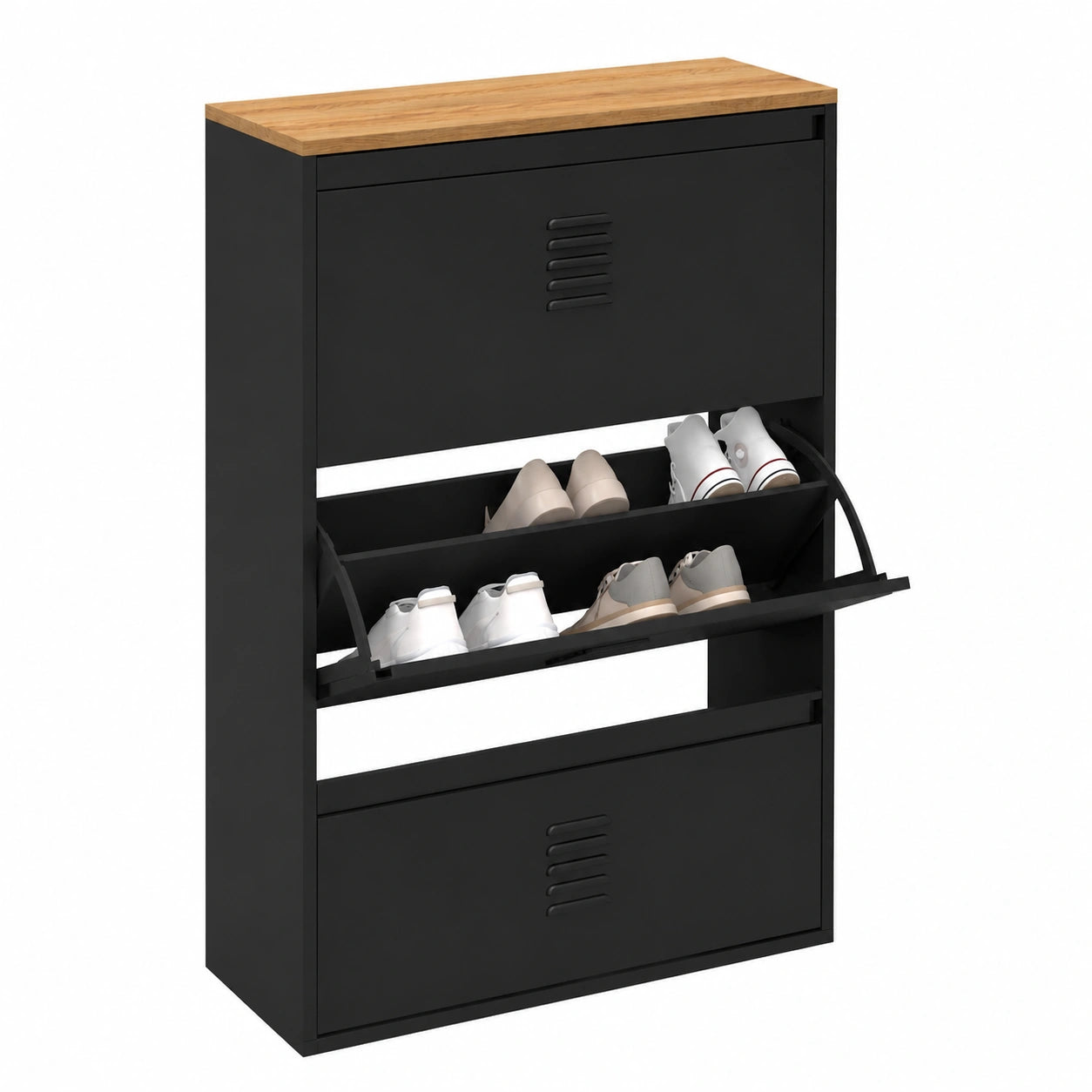 Zapatero Industrial de Metal Negro con 3 Puertas y Estante de Madera para 18 Pares