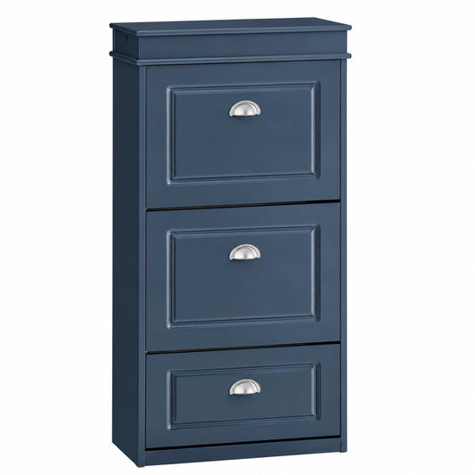 Armario Zapatero Azul con Cajón y Ganchos para Entrada, 3 Puertas para 12 Pares, MDF 53x24x118cm