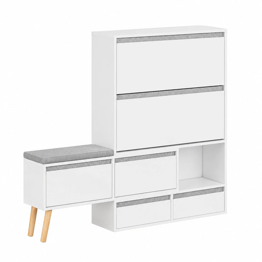 Banco Zapatero con Cajones y Compartimentos, Blanco, 124-92 x 24 x 126 cm
