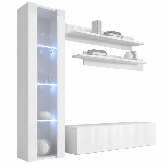 Conjunto de Comedor Nora con Vitrina LED y Mueble TV en Blanco Brillo