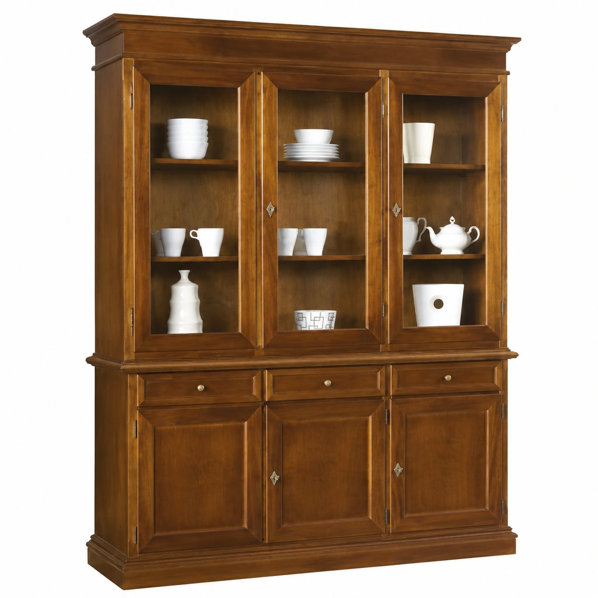 Aparador de Cocina Clásico de Nogal Oscuro con Puertas de Cristal 156x42x205H - Estantería Multiuso de Madera para Salón - Hecho en Italia