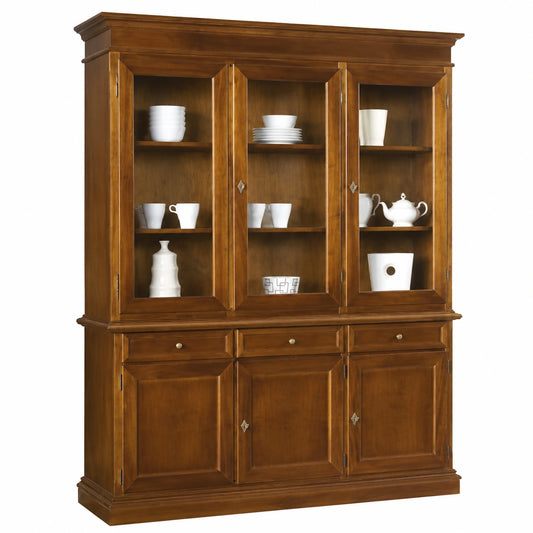 Aparador de Cocina Clásico de Nogal Oscuro con Puertas de Cristal 156x42x205H - Estantería Multiuso de Madera para Salón - Hecho en Italia