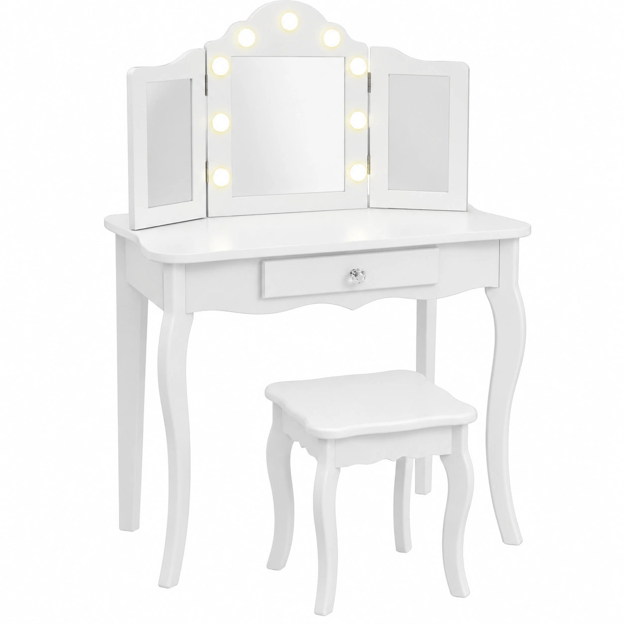Tocador Infantil 2 en 1 con Taburete y Espejo LED, Antivuelco, para Niñas +3 Años