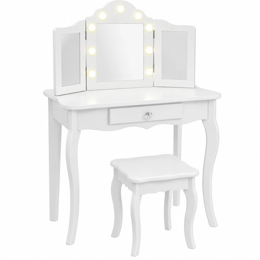 Tocador Infantil 2 en 1 con Taburete y Espejo LED, Antivuelco, para Niñas +3 Años