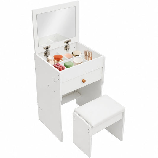 Tocador con Espejo y Taburete, Mueble de Maquillaje Compacto con Almacenamiento para Dormitorio