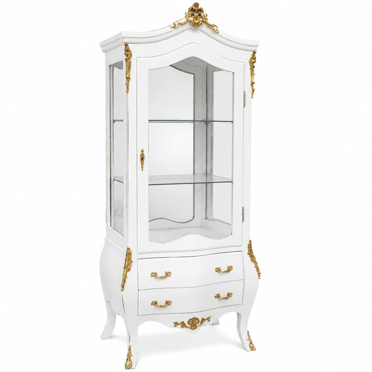 Vitrina Barroca Blanca y Dorada con Cristal Espejado - Mueble de Sala Elegante