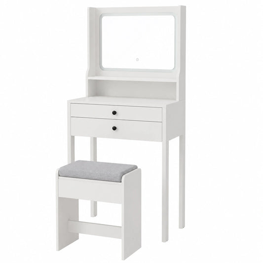 Tocador de Maquillaje COSTWAY con Luz LED y Espejo Ajustable, Incluye Taburete Acolchado y Almacenamiento, Encimera de Vidrio, Blanco