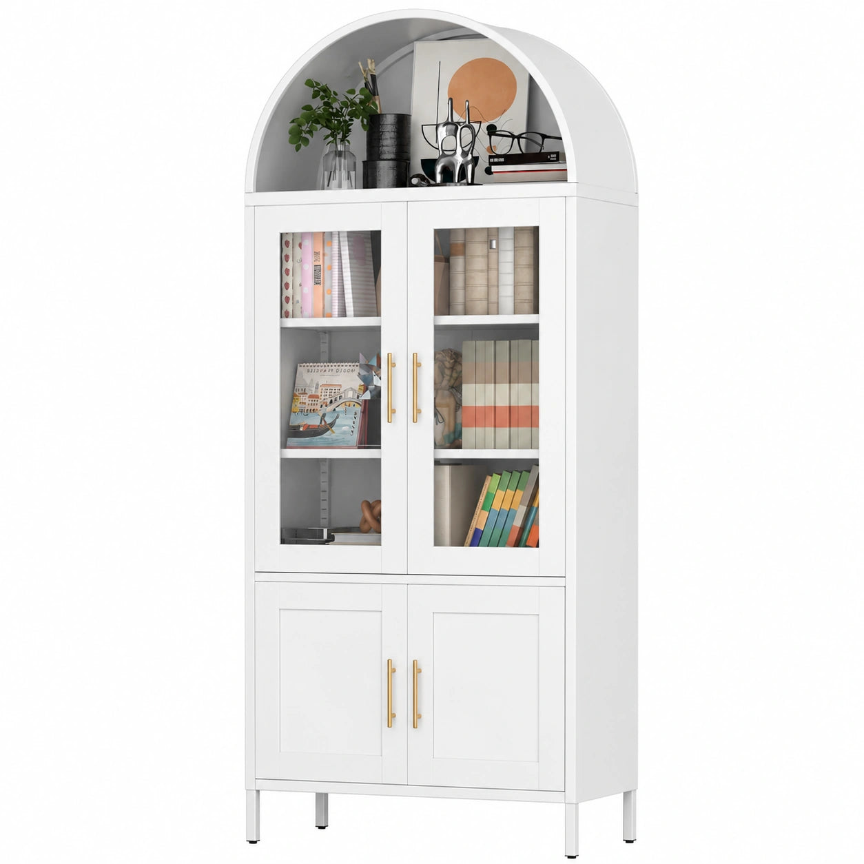 Vitrina Moderna de Metal con Puertas de Cristal y Metálicas, Blanco
