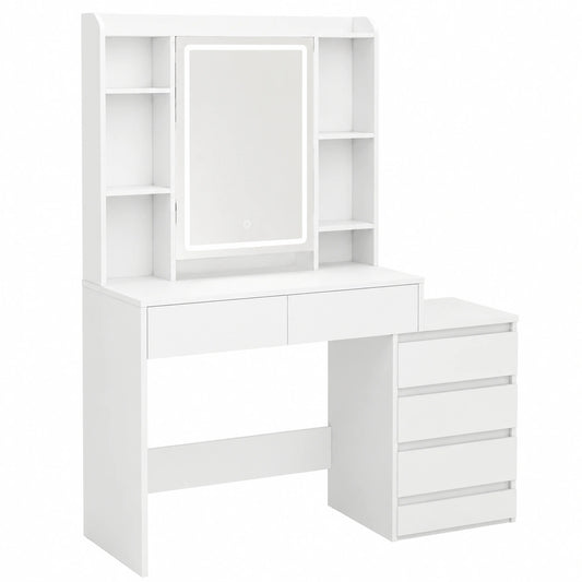 Tocador VASAGLE con Espejo y Luces LED Ajustables, Mesa de Maquillaje Blanca con Compartimentos y Estantes