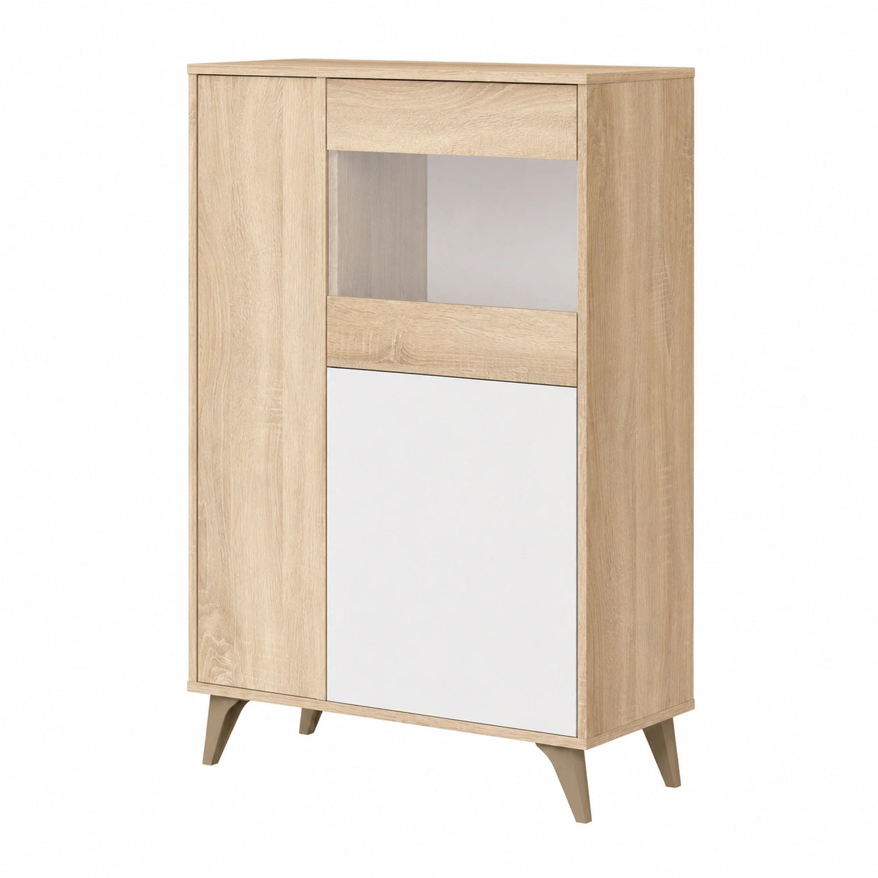 Vitrina Moderna de 3 Puertas para Salón, Blanco y Roble, Modelo Lira