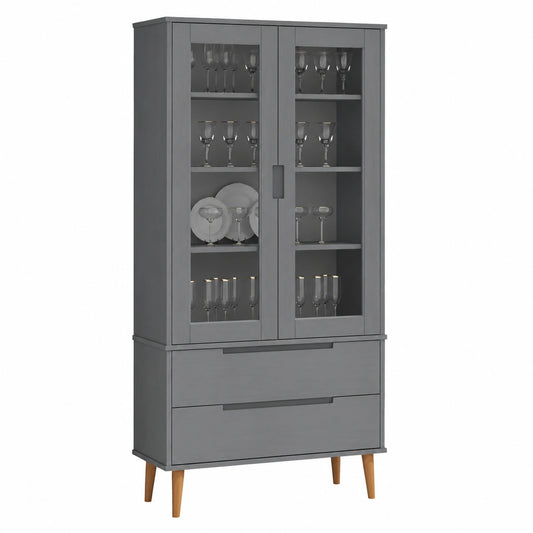 Vitrina de Madera Maciza de Pino Gris 90x35x175 cm, Estantería Moderna