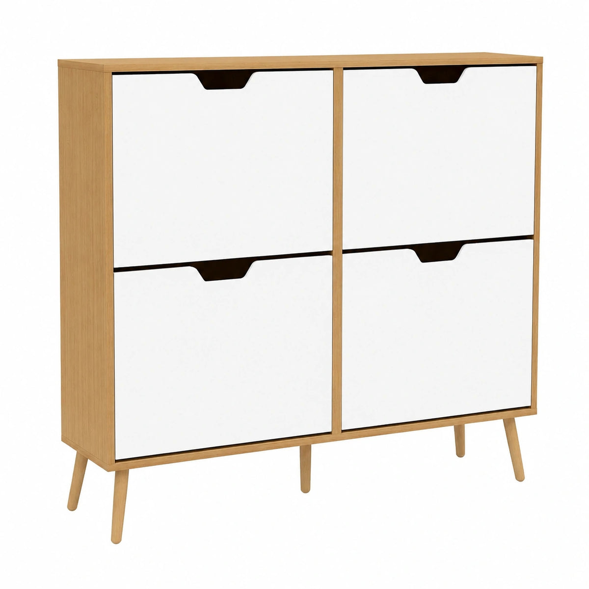 Zapatero con 4 Cajones Abatibles y Patas de Madera para 16 Pares, 95x26x95 cm, Blanco y Natural