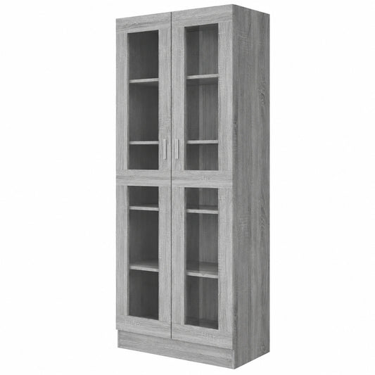 Vitrina de Cristal con Estantes y Puertas, Armario Auxiliar Gris Sonoma 82,5x30,5x185,5 cm